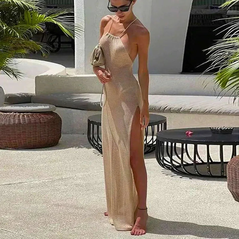 Women Cover Ups Sexy Hollow Out Dresses Spliced Sleeveless Split Long Dress Swimwears Sling Backless Knit Y2k Summer Beach