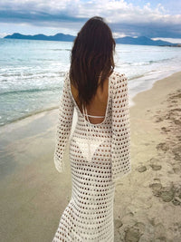 Sexy Knit Mesh Backless Long Bell Sleeve Beach Maxi Dress 2026 Women's Summer Slim Outfits Vacation Swimsuit Cover Up Tunic K205