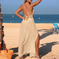 Stylish Summer Swimwear,Sexy Fashion Beach Sunbathing Bikini Cover-Up, Hand Hook Patchwork Transparent Backless Tie Up Dress