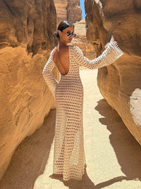 Sexy Knit Mesh Backless Long Bell Sleeve Beach Maxi Dress 2026 Women's Summer Slim Outfits Vacation Swimsuit Cover Up Tunic K205